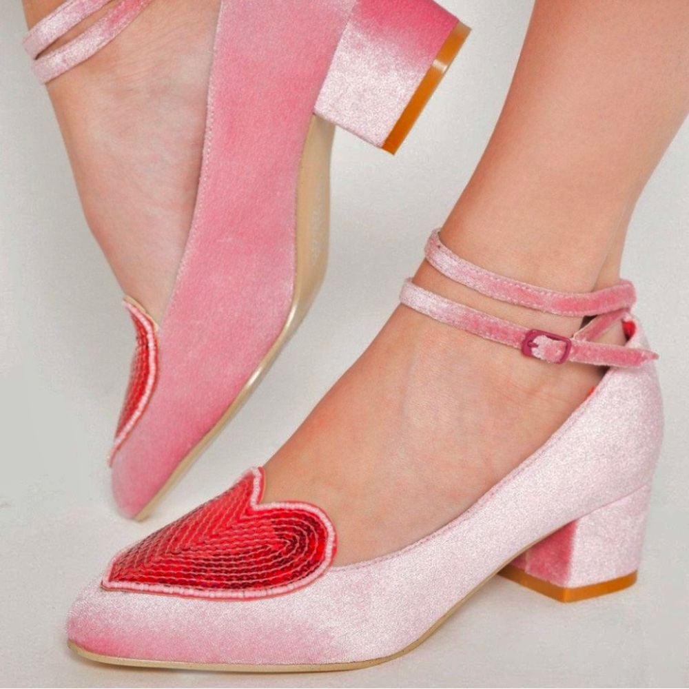 Pink Velvet Block Heel Pumps with Red Heart Accent